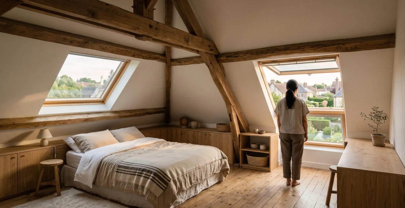 Chambre lumineuse et chaleureuse amenagee sous des combles renoves avec fenetres de toit et rangements sur mesure