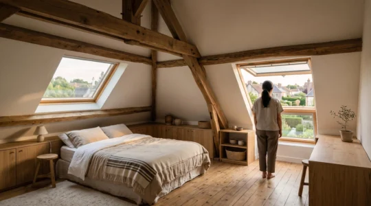 Chambre lumineuse et chaleureuse amenagee sous des combles renoves avec fenetres de toit et rangements sur mesure