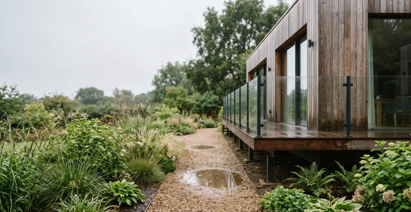 Terrasse en bois sur plots entouree d'une allee en gravier drainant autour d'une maison a ossature bois contemporaine en France