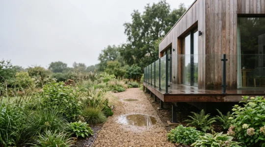 Terrasse en bois sur plots entouree d'une allee en gravier drainant autour d'une maison a ossature bois contemporaine en France