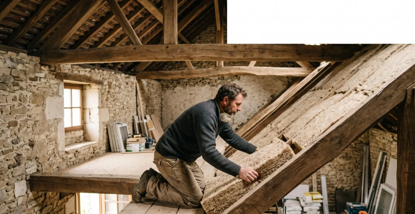 Artisan posant un isolant biosourcé dans une charpente lors d'une rénovation énergétique en France