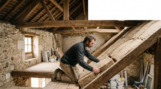 Artisan posant un isolant biosourcé dans une charpente lors d'une rénovation énergétique en France