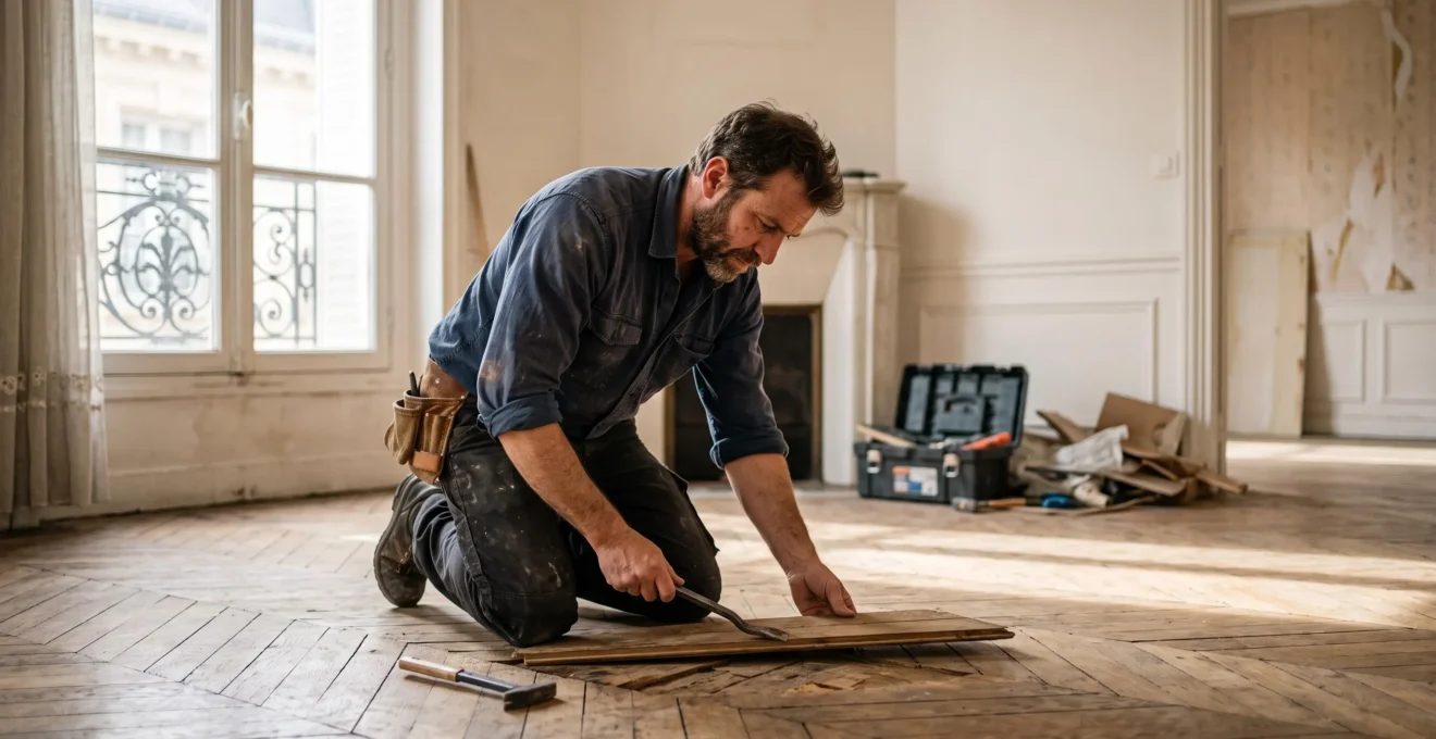 Artisan récupérant avec soin un parquet ancien lors d'une rénovation pour le réemployer