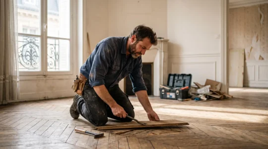 Artisan récupérant avec soin un parquet ancien lors d'une rénovation pour le réemployer