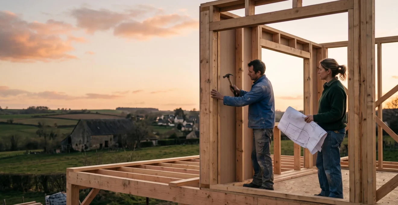 Couple d'autoconstructeurs français travaillant sur la charpente et l'isolation d'une maison à ossature bois en fin de journée