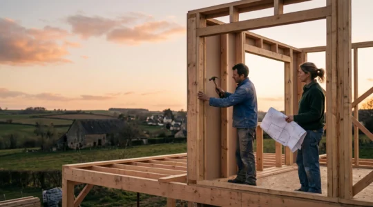 Couple d'autoconstructeurs français travaillant sur la charpente et l'isolation d'une maison à ossature bois en fin de journée