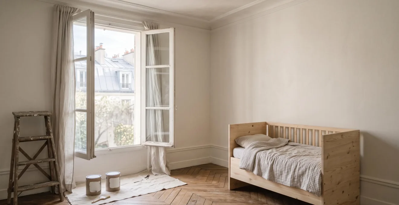 Chambre d'enfant lumineuse aux murs fraîchement peints avec une finition biosourcée, fenêtre ouverte laissant entrer l'air et la lumière naturelle