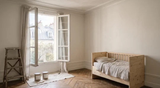 Chambre d'enfant lumineuse aux murs fraîchement peints avec une finition biosourcée, fenêtre ouverte laissant entrer l'air et la lumière naturelle