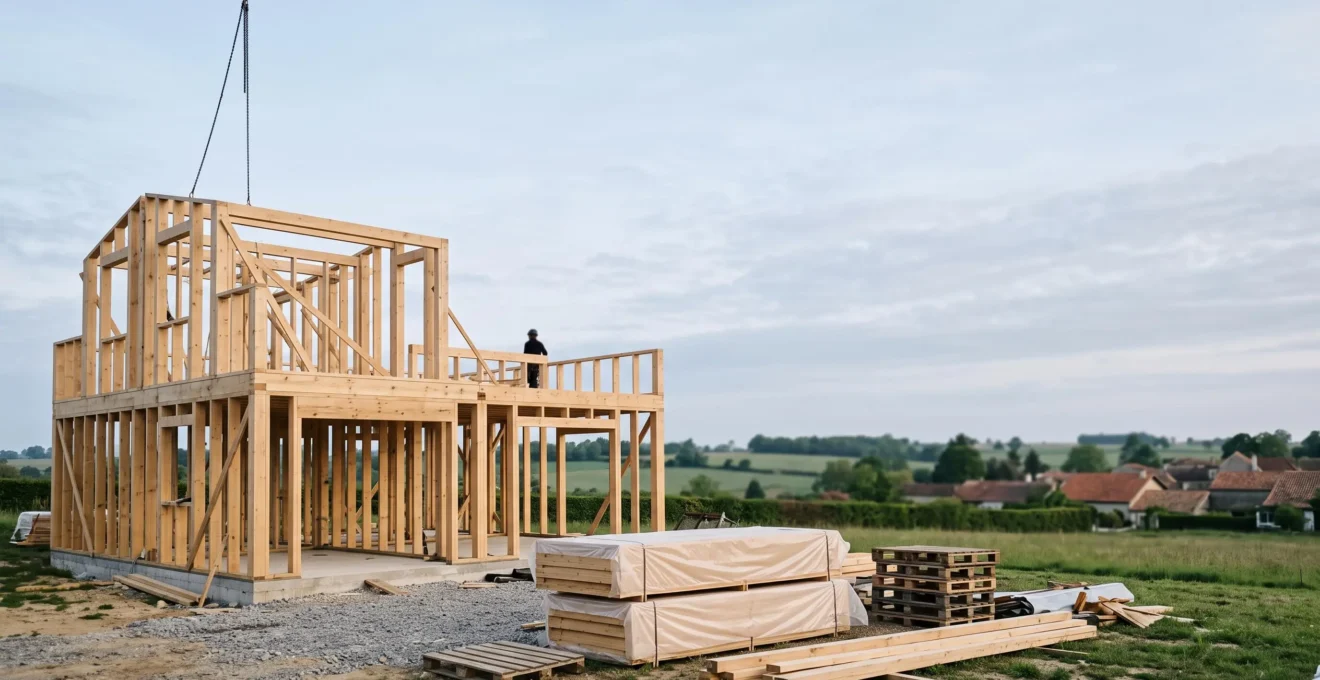 Chantier de construction d'une maison à ossature bois en France, structure levée à la grue sous un ciel dégagé