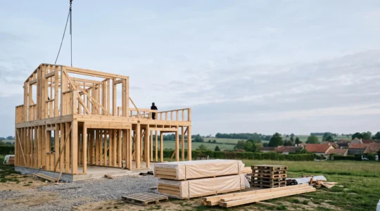 Chantier de construction d'une maison à ossature bois en France, structure levée à la grue sous un ciel dégagé