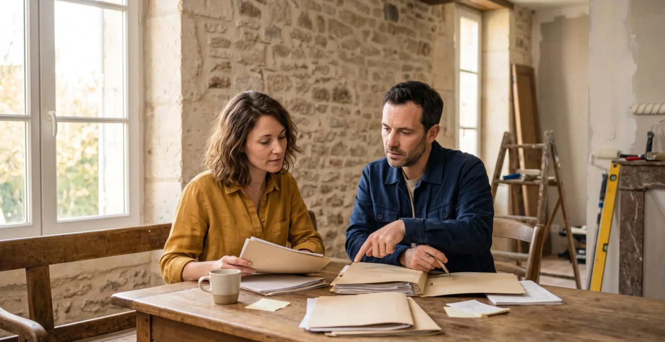 Un couple examine attentivement plusieurs offres de travaux étalées sur une table en bois, dans un salon lumineux en cours de rénovation, symbolisant la comparaison rigoureuse de devis