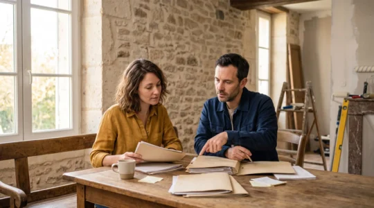 Un couple examine attentivement plusieurs offres de travaux étalées sur une table en bois, dans un salon lumineux en cours de rénovation, symbolisant la comparaison rigoureuse de devis