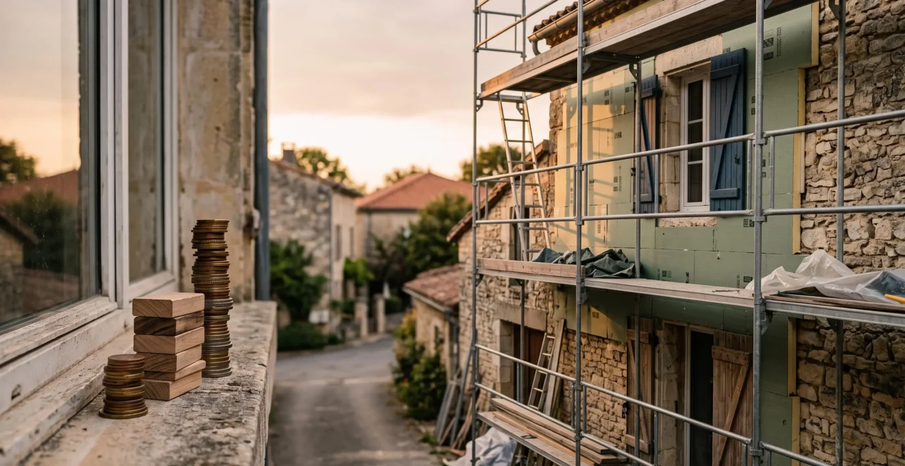 Rénovation énergétique d'une maison française avec échafaudage et isolation, symbolisant le cumul de plusieurs aides financières