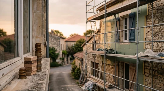 Rénovation énergétique d'une maison française avec échafaudage et isolation, symbolisant le cumul de plusieurs aides financières