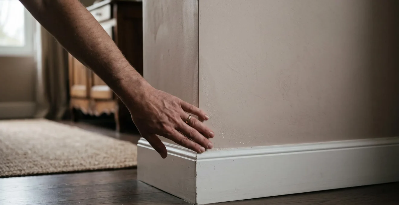 Main posee sur un angle de mur froid pres du sol dans un salon francais, illustrant la detection precoce d'un pont thermique avant l'apparition de moisissures