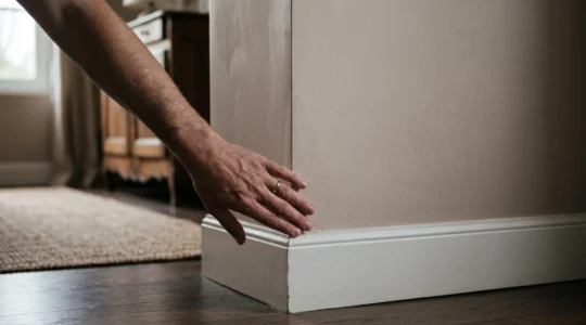 Main posee sur un angle de mur froid pres du sol dans un salon francais, illustrant la detection precoce d'un pont thermique avant l'apparition de moisissures