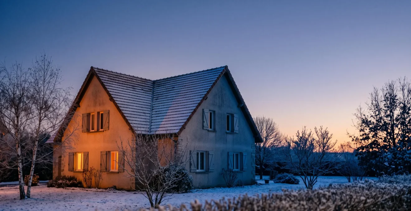 Coupe conceptuelle d'une maison française illustrant une enveloppe thermique performante qui retient la chaleur en hiver