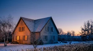 Coupe conceptuelle d'une maison française illustrant une enveloppe thermique performante qui retient la chaleur en hiver