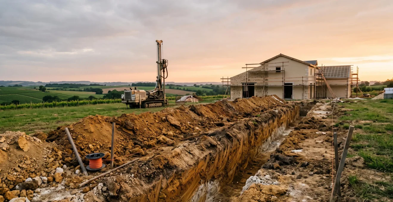 Fondations d'une maison en construction sur un terrain argileux en France, symbolisant l'importance de l'étude géotechnique