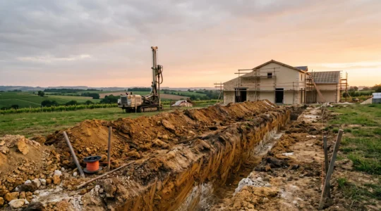 Fondations d'une maison en construction sur un terrain argileux en France, symbolisant l'importance de l'étude géotechnique