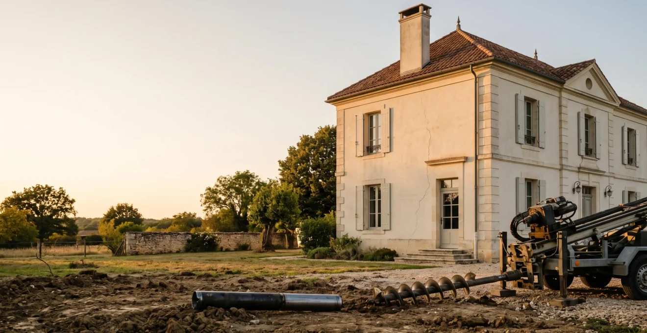 Maison individuelle française avec fondations sur sol argileux, symbolisant la protection juridique apportée par l'étude de sol G2 contre les fissures