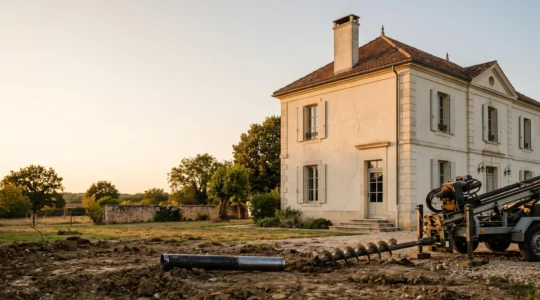 Maison individuelle française avec fondations sur sol argileux, symbolisant la protection juridique apportée par l'étude de sol G2 contre les fissures