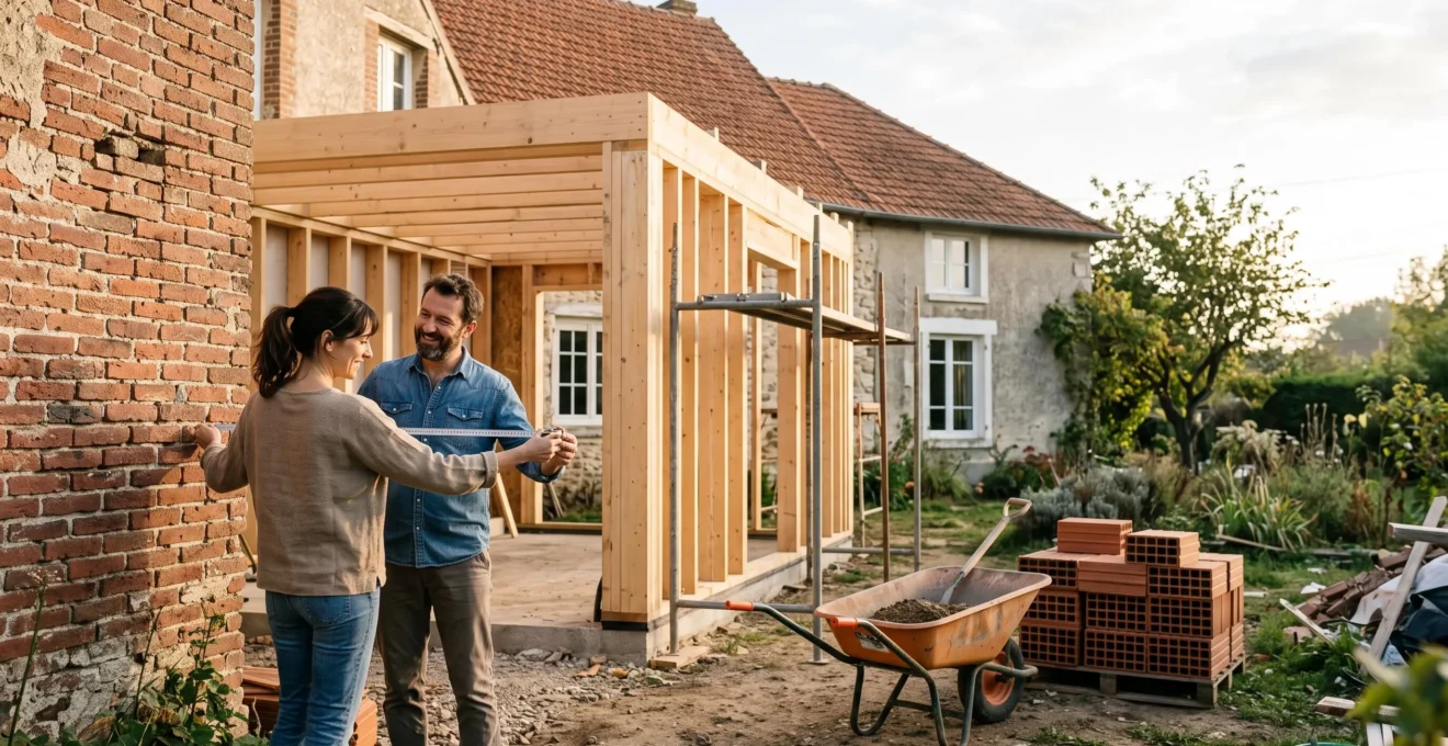 Extension de maison individuelle en cours de construction avec un couple mesurant le terrain, illustrant le choix entre declaration prealable et permis de construire