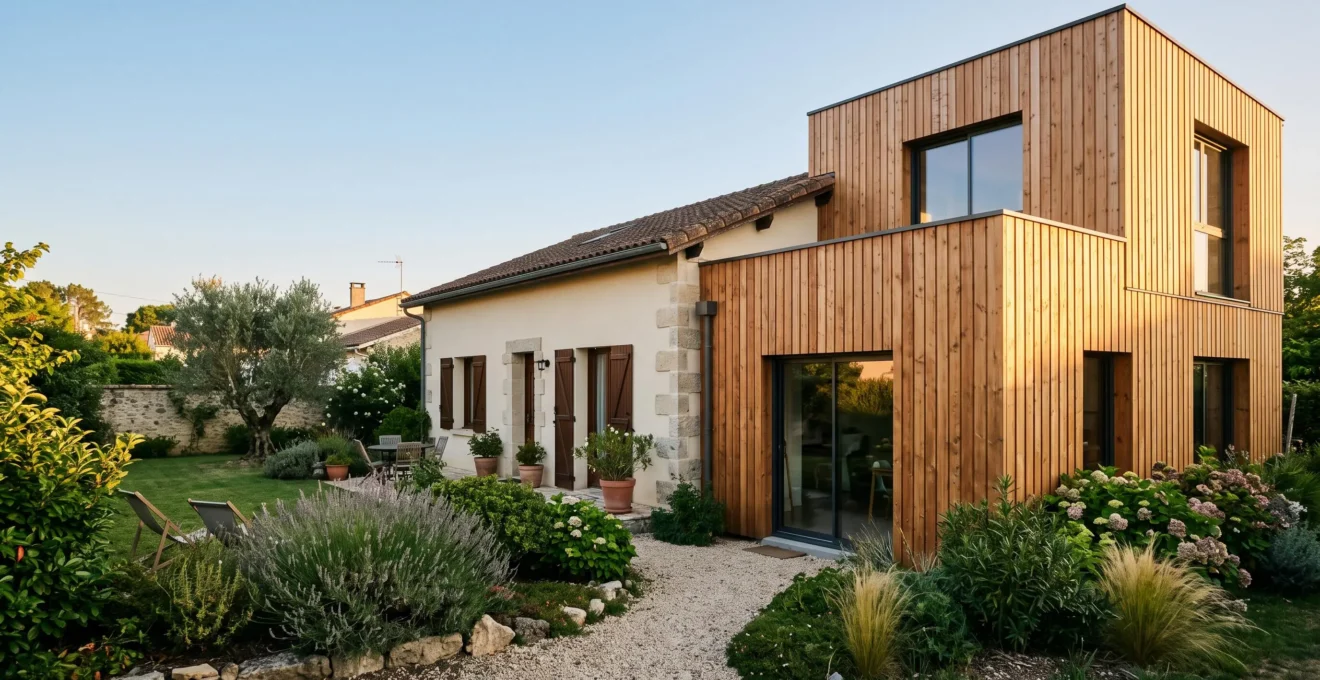 Extension modulaire en bois accolée à une maison familiale française, baignée de lumière naturelle en fin de journée