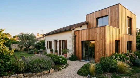 Extension modulaire en bois accolée à une maison familiale française, baignée de lumière naturelle en fin de journée