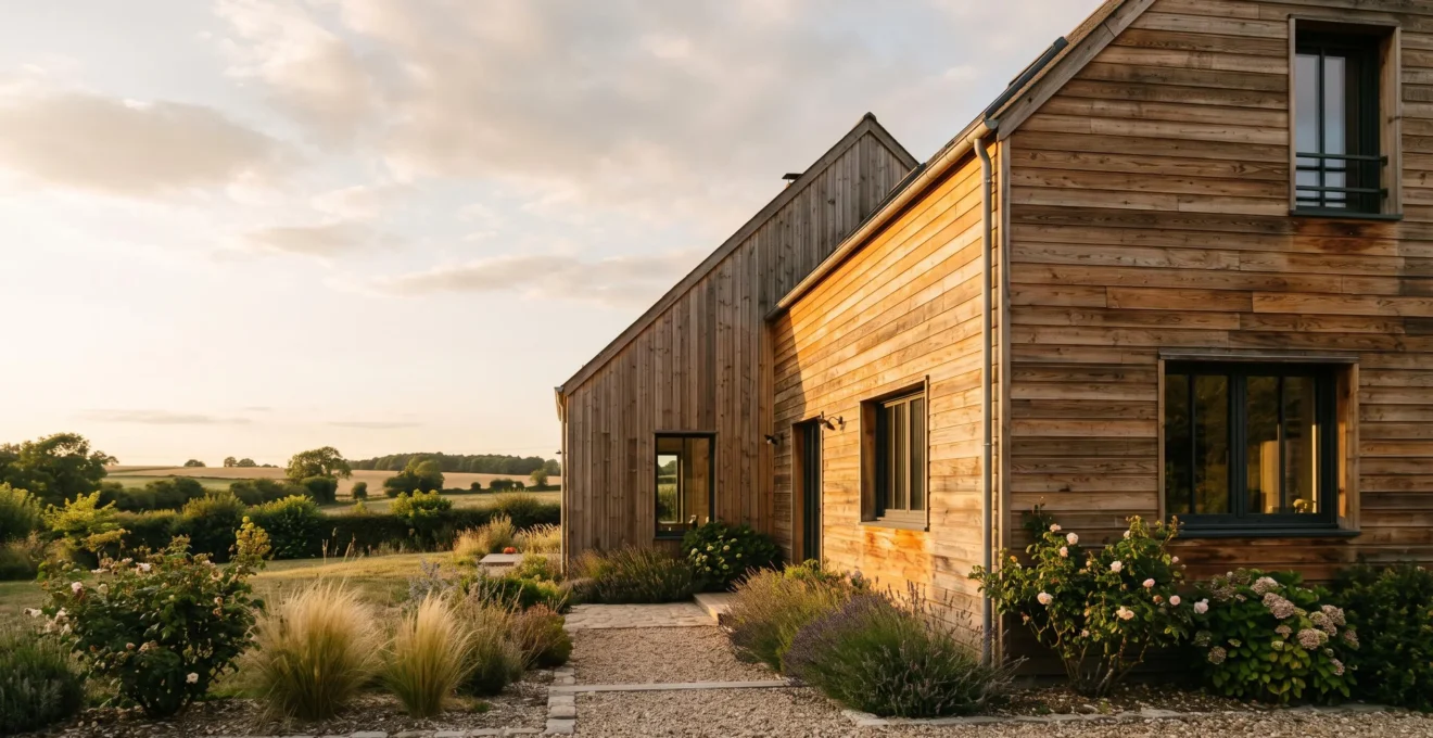 Façade d'une maison française avec bardage bois en Douglas entretenu, illustrant la longévité obtenue grâce à un traitement régulier