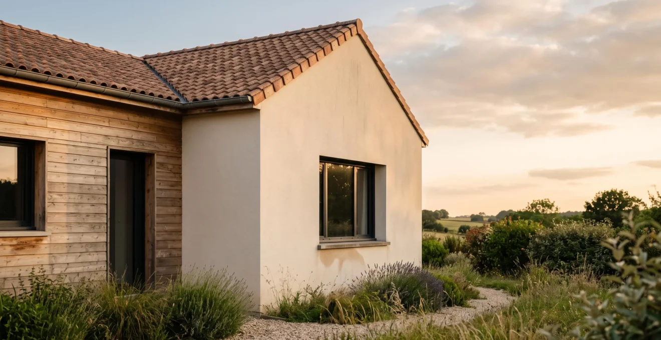 Façade d'une maison individuelle française au crépuscule, avec une trace d'humidité discrète près d'une fenêtre symbolisant un défaut d'étanchéité caché