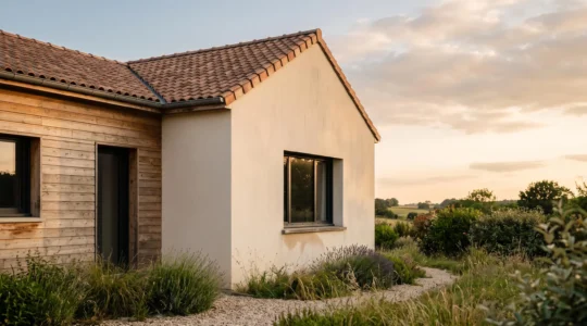 Façade d'une maison individuelle française au crépuscule, avec une trace d'humidité discrète près d'une fenêtre symbolisant un défaut d'étanchéité caché