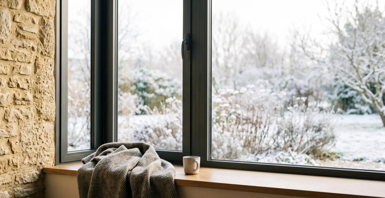 Fenêtre à double vitrage moderne d'une maison française laissant entrer la lumière d'hiver, illustrant le confort thermique retrouvé près d'une baie vitrée