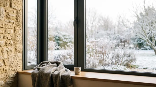 Fenêtre à double vitrage moderne d'une maison française laissant entrer la lumière d'hiver, illustrant le confort thermique retrouvé près d'une baie vitrée