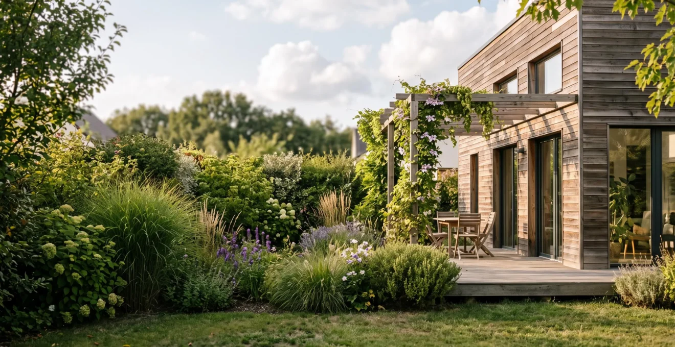 Jardin intime et végétalisé entourant une maison à ossature bois sur une parcelle française, avec haie diversifiée et terrasse en bois