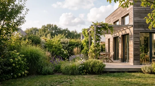 Jardin intime et végétalisé entourant une maison à ossature bois sur une parcelle française, avec haie diversifiée et terrasse en bois