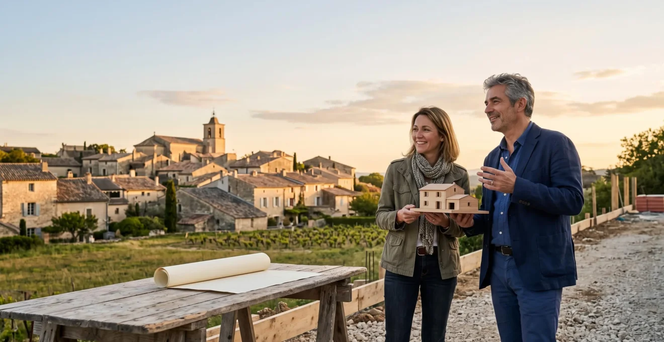 Architecte et propriétaire examinant une maquette de maison devant un village français aux toits traditionnels