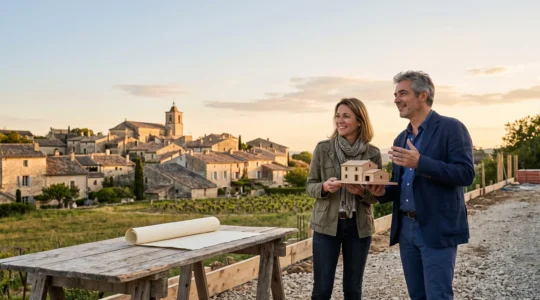Architecte et propriétaire examinant une maquette de maison devant un village français aux toits traditionnels