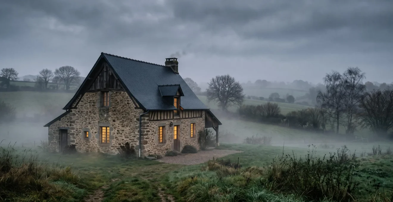 Ancienne maison en pierre française au crépuscule, symbolisant les déperditions énergétiques d'un logement classé F au DPE