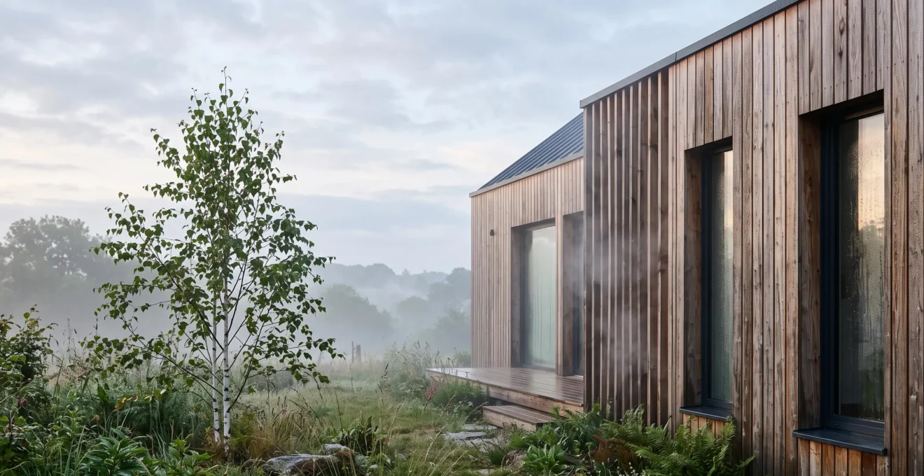 Facade d'une maison en bois avec de fines gouttelettes de condensation illustrant l'equilibre hygrometrique