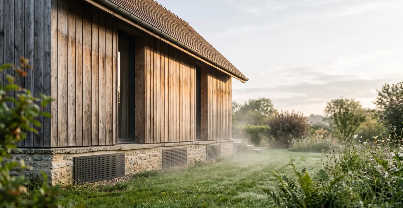 Maison bois francaise moderne avec vue sur les grilles de ventilation du vide sanitaire proteant la structure de l'humidite