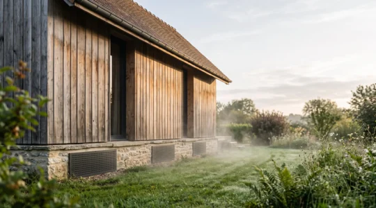 Maison bois francaise moderne avec vue sur les grilles de ventilation du vide sanitaire proteant la structure de l'humidite