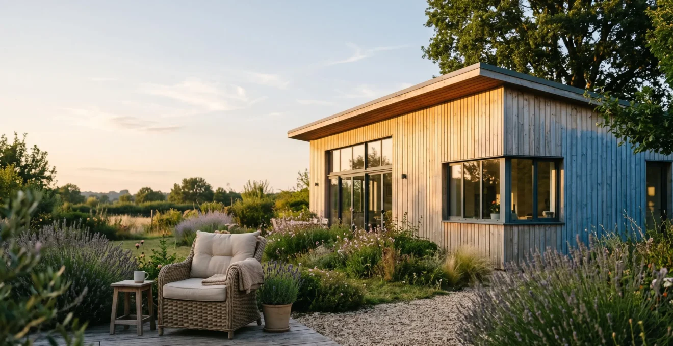 Maison contemporaine à ossature bois en France, baies vitrées largement ouvertes sur un jardin ombragé, illustrant la recherche de fraîcheur naturelle en été