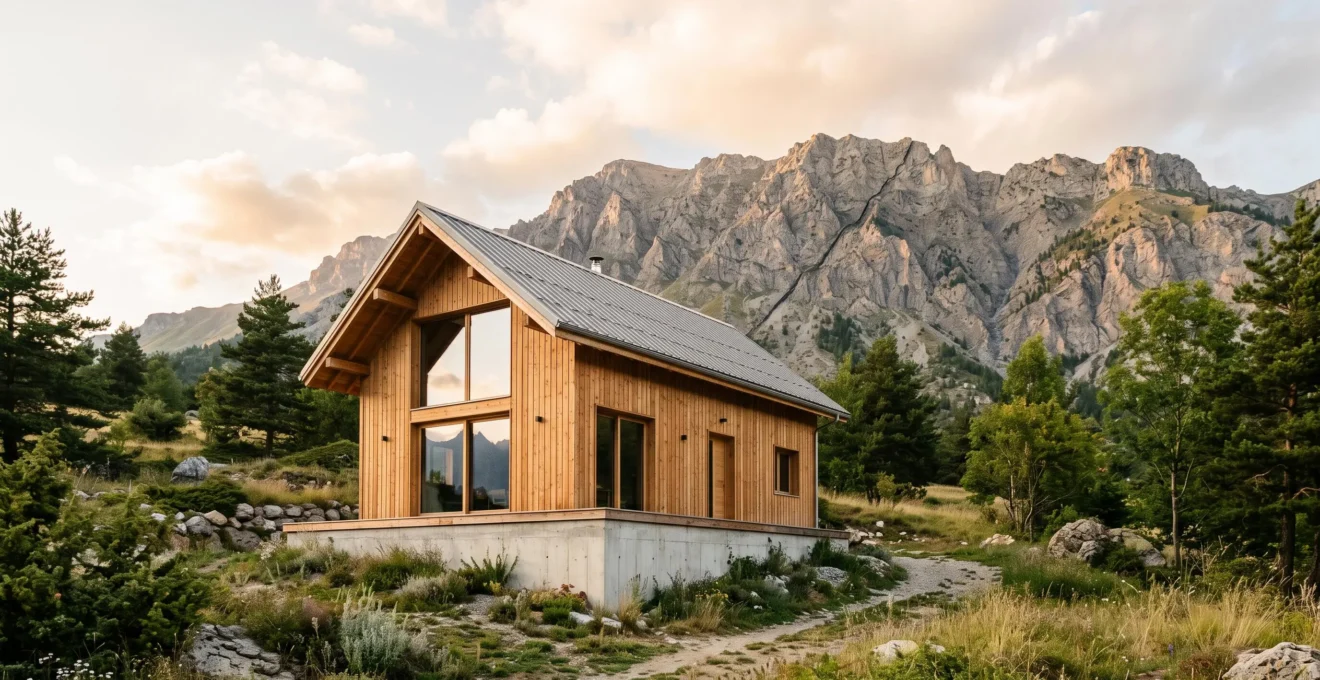 Maison contemporaine à ossature bois nichée dans un paysage montagneux du sud-est de la France, symbole de résistance parasismique