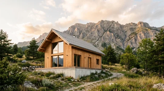 Maison contemporaine à ossature bois nichée dans un paysage montagneux du sud-est de la France, symbole de résistance parasismique