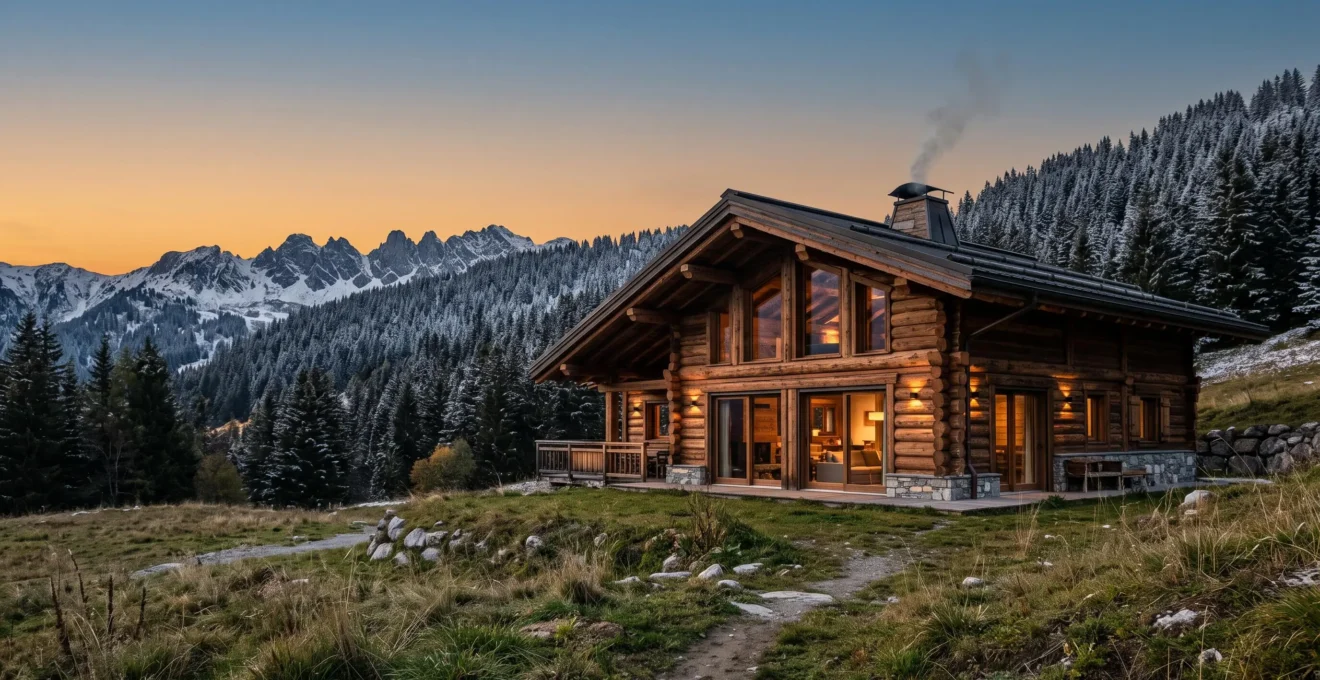 Chalet en madriers de bois massif empilé dans un paysage montagneux français, alliant cachet traditionnel et performance thermique moderne