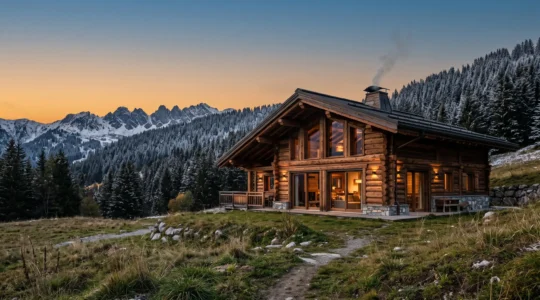 Chalet en madriers de bois massif empilé dans un paysage montagneux français, alliant cachet traditionnel et performance thermique moderne