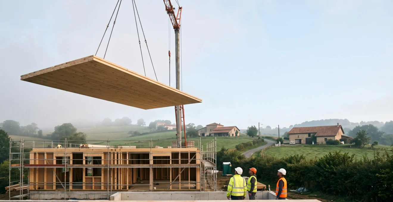 Panneau de bois massif CLT suspendu à une grue lors du levage sur un chantier de maison individuelle en France