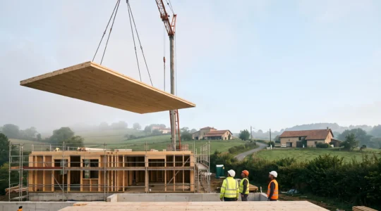 Panneau de bois massif CLT suspendu à une grue lors du levage sur un chantier de maison individuelle en France