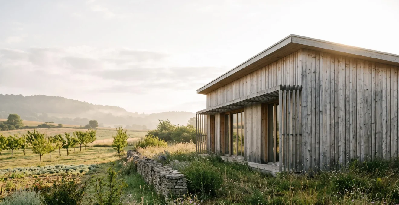 Maison individuelle contemporaine à ossature bois bioclimatique dans la campagne française, illustrant un habitat durable à budget maîtrisé